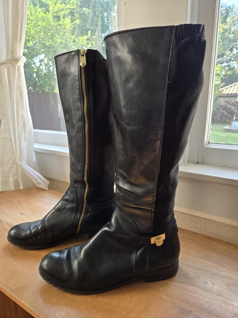 Tahari Black Leather Bentley Riding Boots with Gold Hardware
